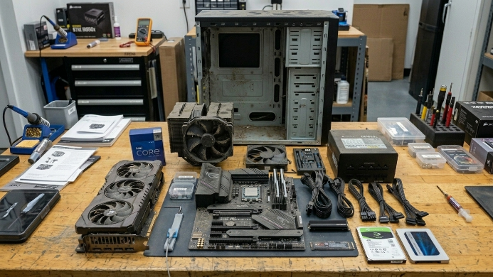 Computer parts disassembled on workbench ready for repair