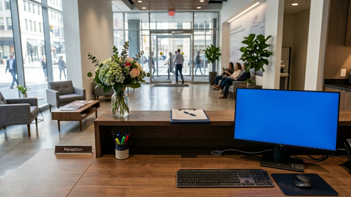 On-site IT support at office reception desk